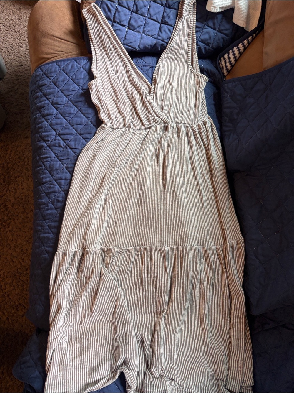 Caution To The Wind Cream and Gray Striped Sleeveless Midi Dress